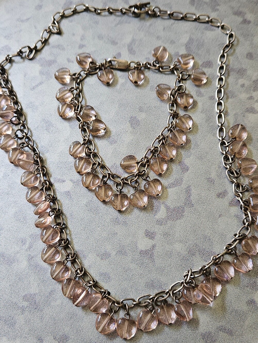 Vintage Sterling Silvwr Pink Glass  Heart Bead Dangle Necklace and Bracelet Set